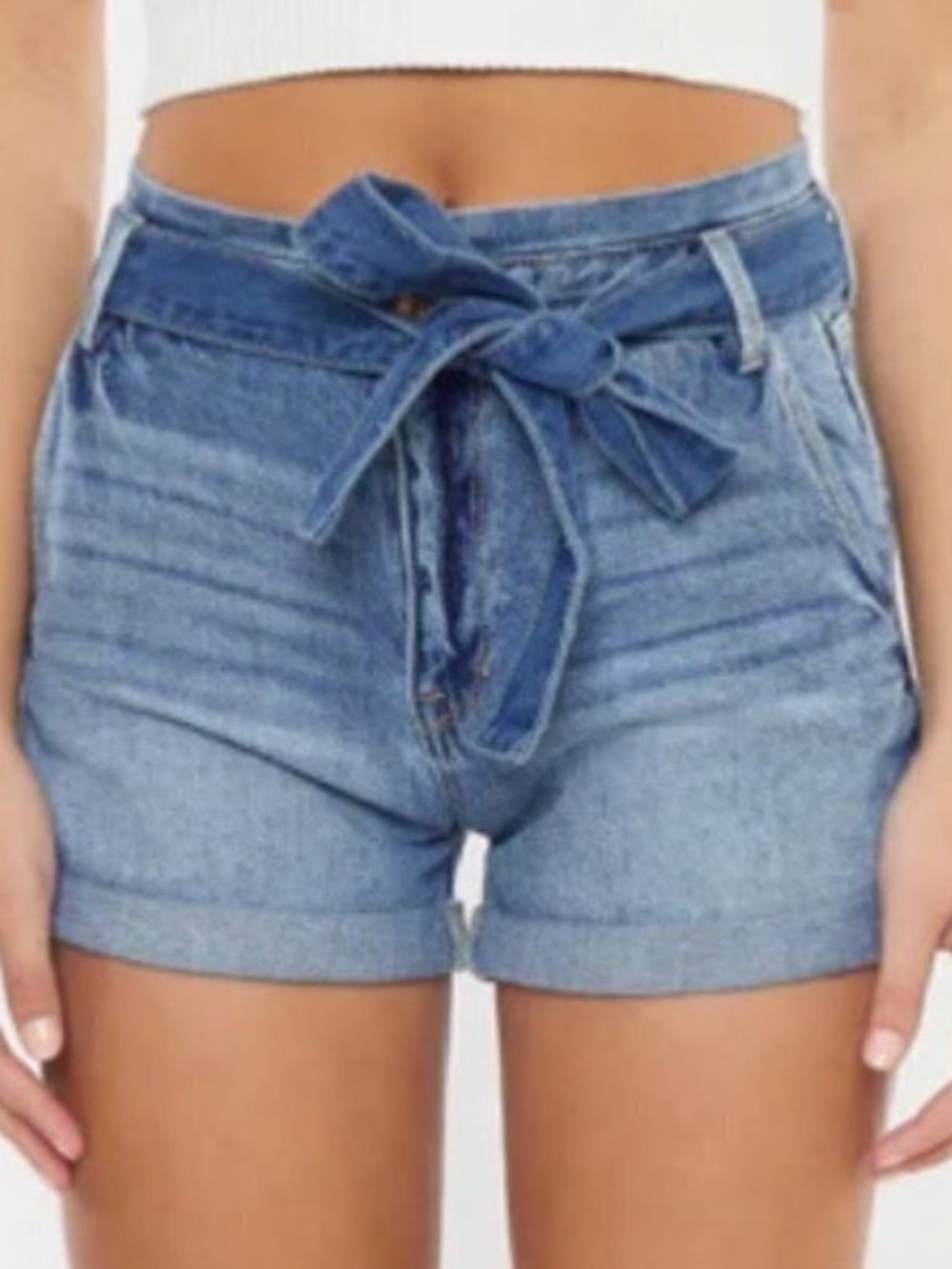 Kancan Denim Tie Waist Paperbag Cuffed Jean Shorts Plus Size Boho Summer Blue 32